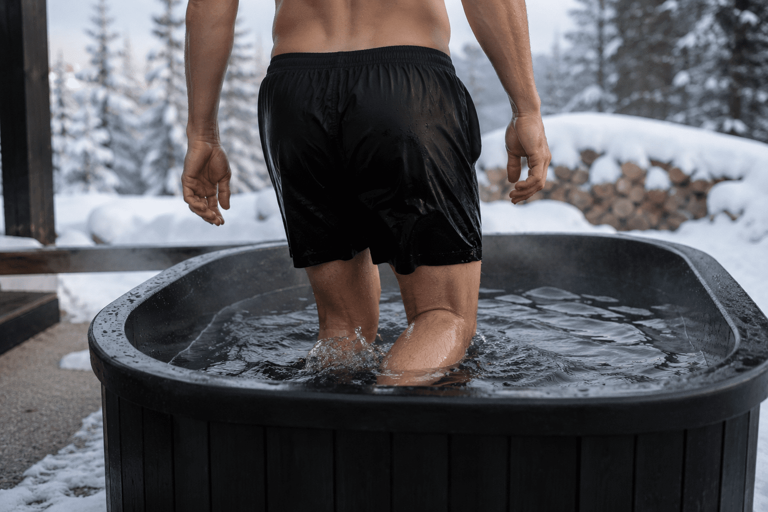 heart risks and cold exposure - person entering cold plunge tub outdoors