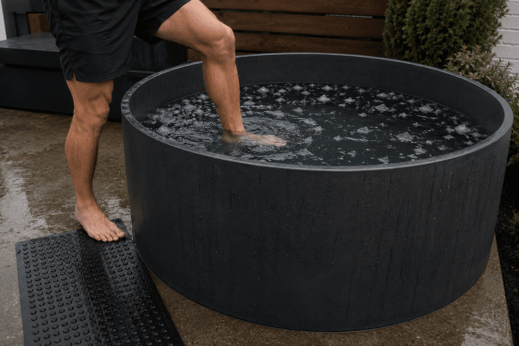 person stepping into a home cold plunge tub , solo ice bathing safety