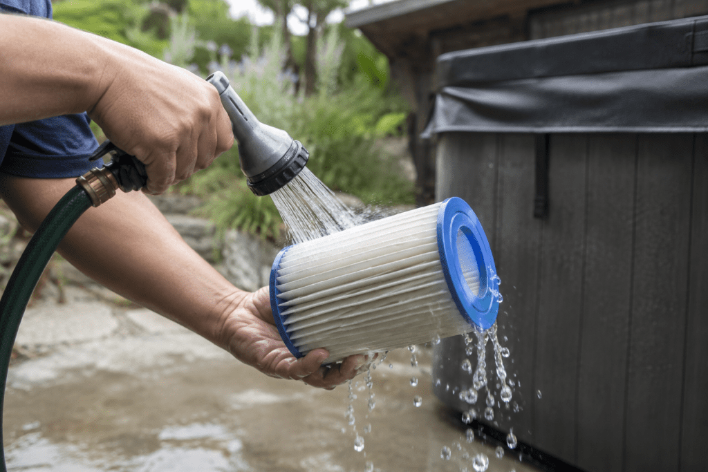 hot tub cartridge filter being rinsed with a garden hose