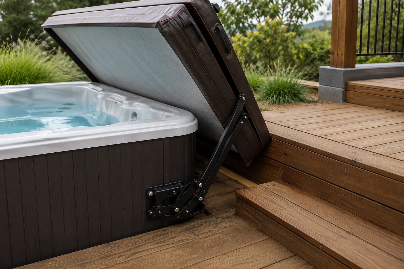 hot tub  cover lifter mounted om timber-framed outdoor spa deck