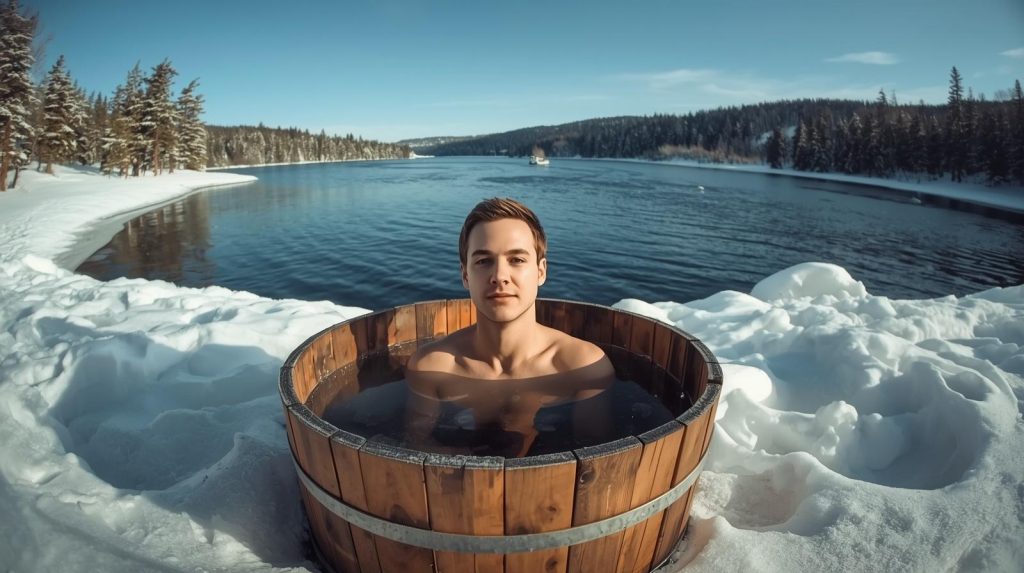 close-up of person in a cold plunge wooden  tub 