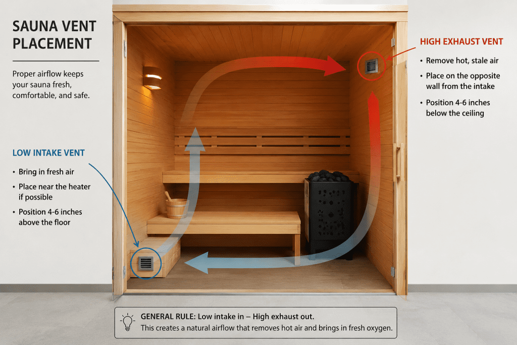 indoor sauna vent placement diagram showing intake near floor and exhaust near ceiling