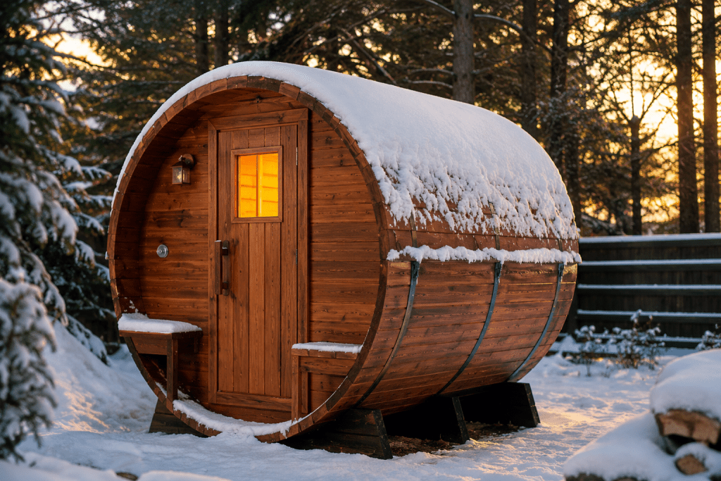 outdoor barrel sauna with snow on the roof, cedar exterior