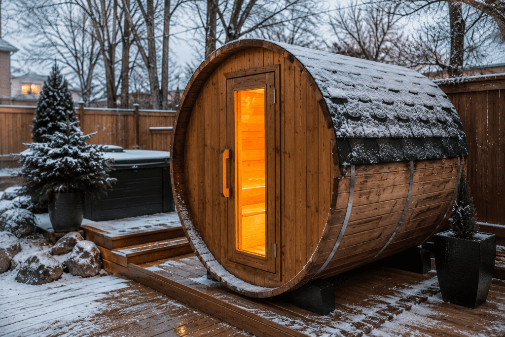  outdoor barrel sauna on timber deck in winter setting