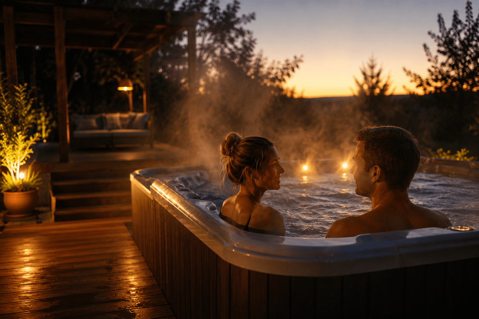 two people relaxing in an outdoor hot tub at dusk with steam rising