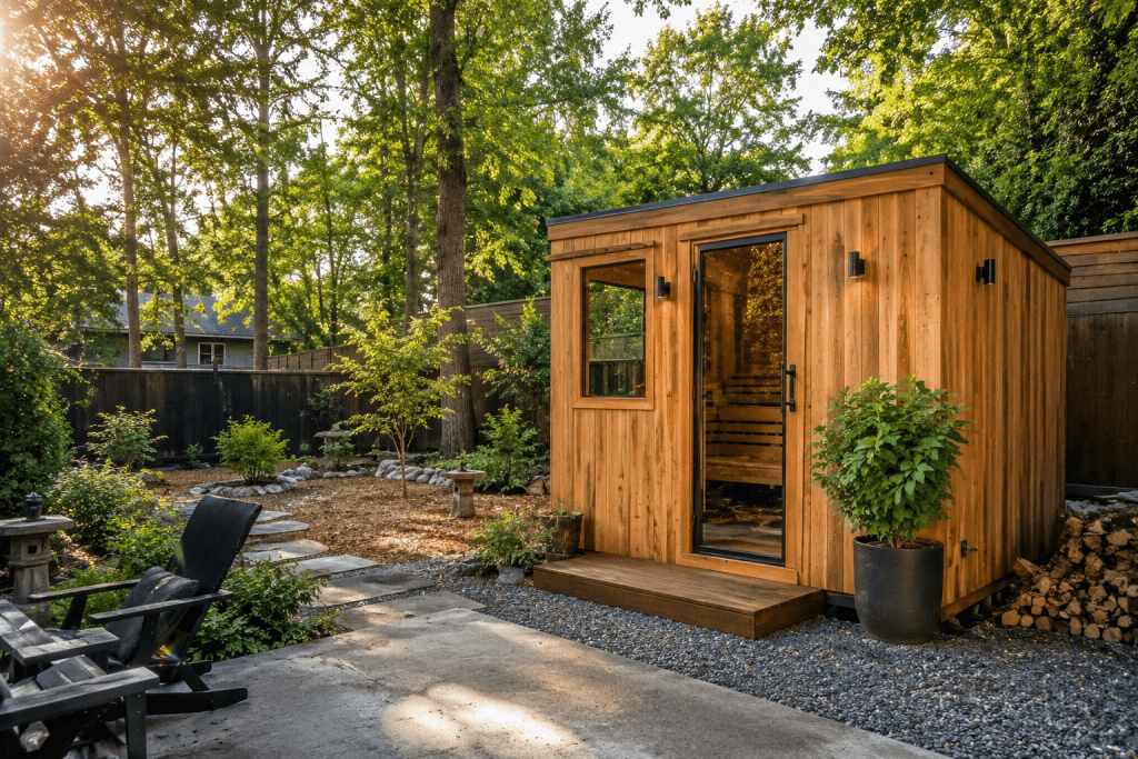 outdoor sauna cabin in backyard showing wooden exterior and surrounding garden