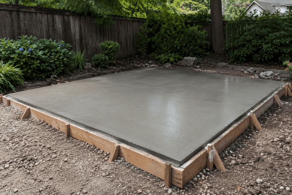 outdoor sauna concrete slab foundation being prepared in backyard
