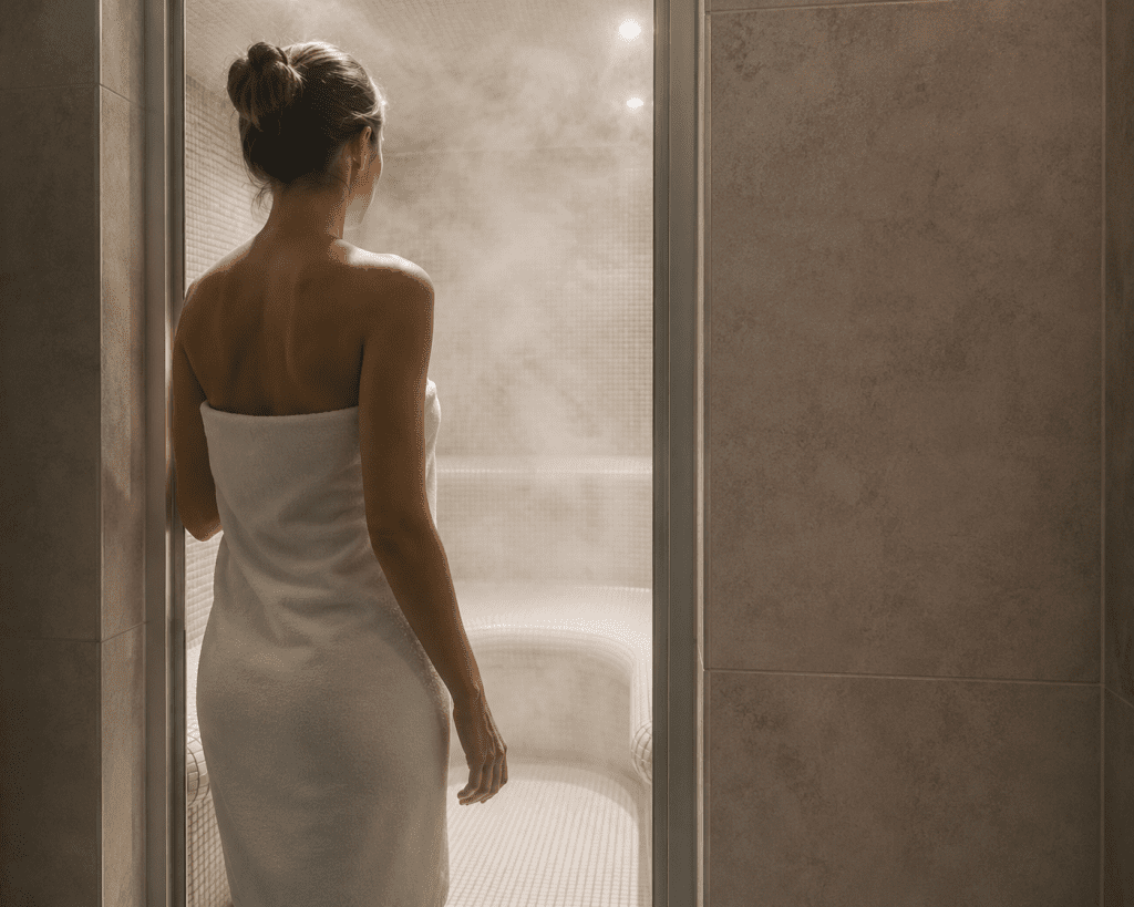 person stepping out of steam room doorway wrapped in white towel
steam room vs sauna safety