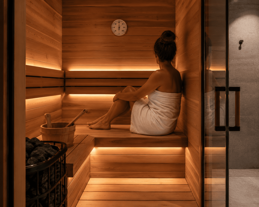  person sitting in a finished home sauna with wooden bench and glass door steam vs sauna installation