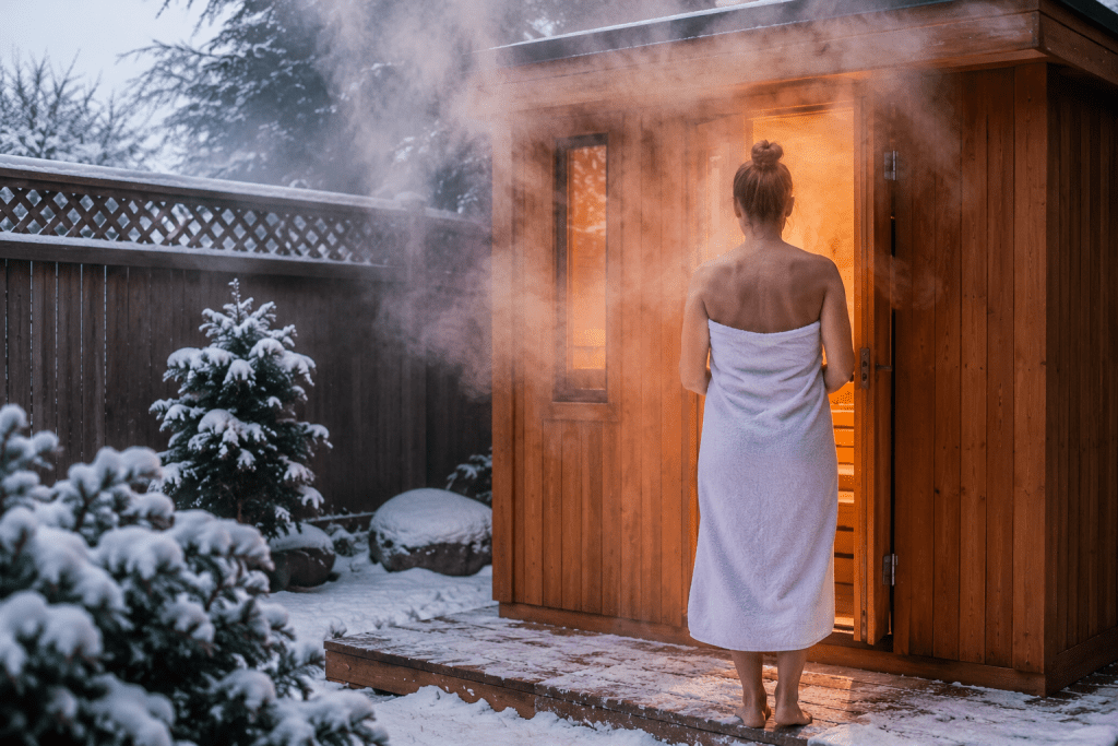 person wrapping in towel outside sauna cabin in snowy yard indoor vs outdoor sauna