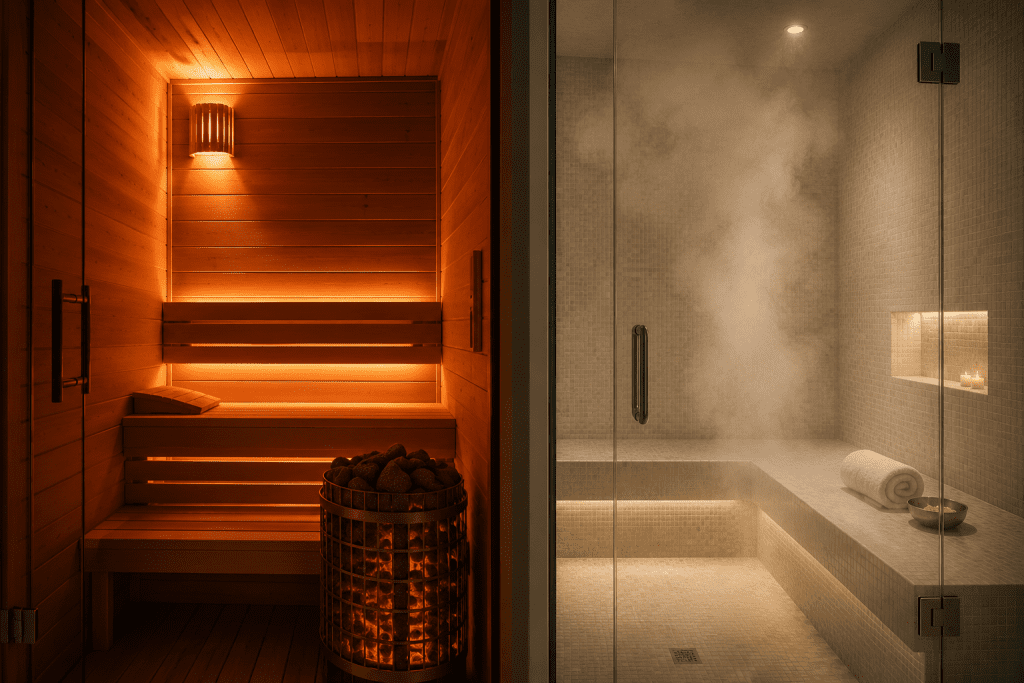 steam room vs sauna energy costs side by side home setup
