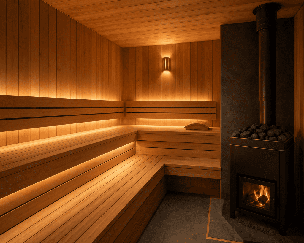 timber-panelled indoor sauna interior with bench seating and stove]