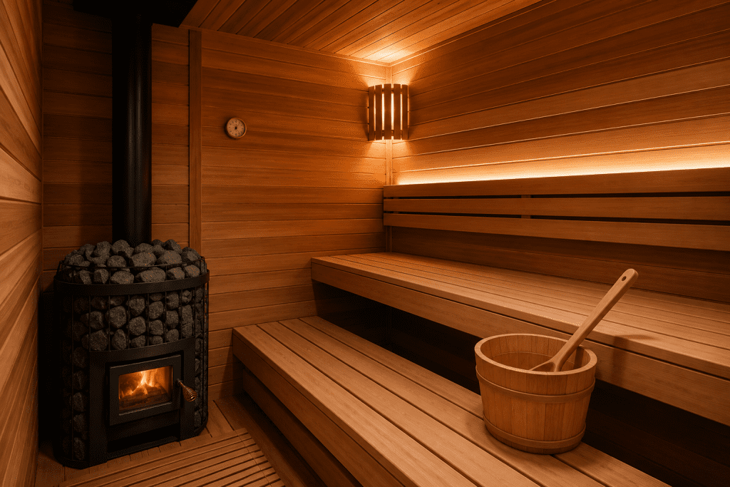 traditional sauna interior with wooden bench and stone heater