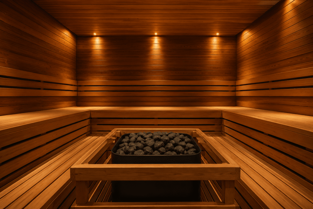 wooden sauna bench interior showing traditional wood slats and heater stones steam roo vs sauna safety