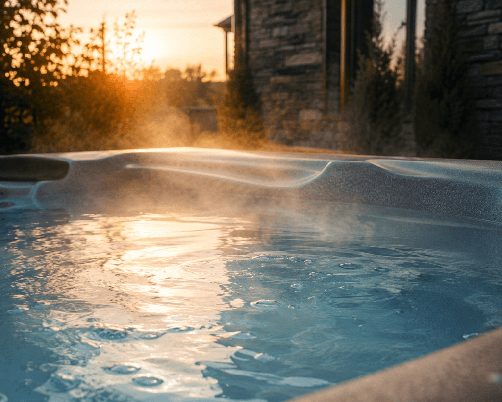 close-up of hot tub water with subtle steam and soft lighting 