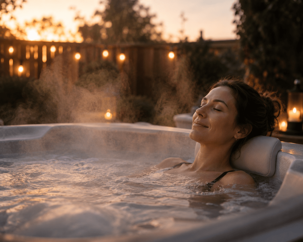 person relaxing in a hot tub in a garden in the evening 