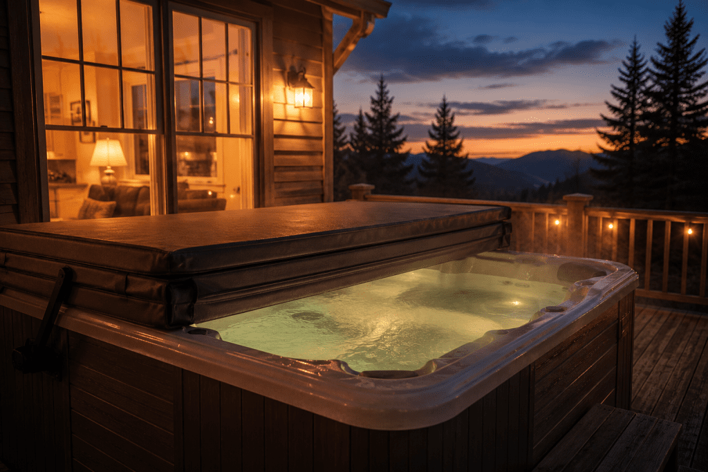 outdoor hot tub at dusk with cover partially closed, warm light from nearby house