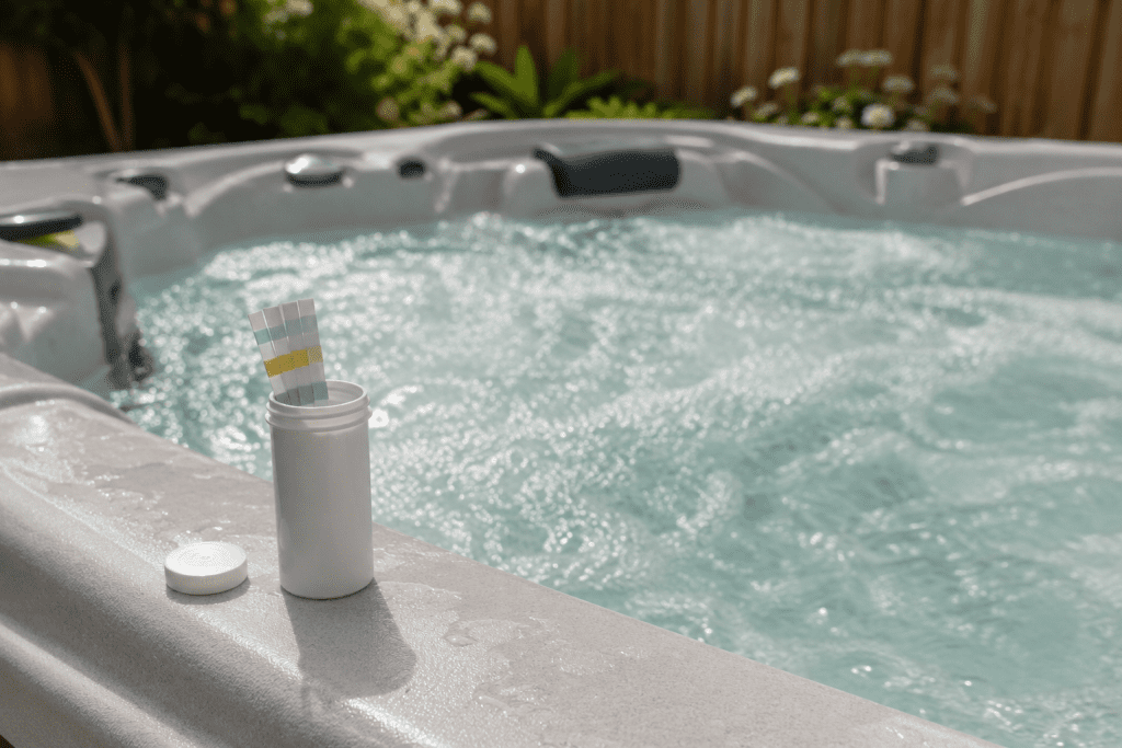 open test strip tube beside hot tub with water visible  hot tub water test kit