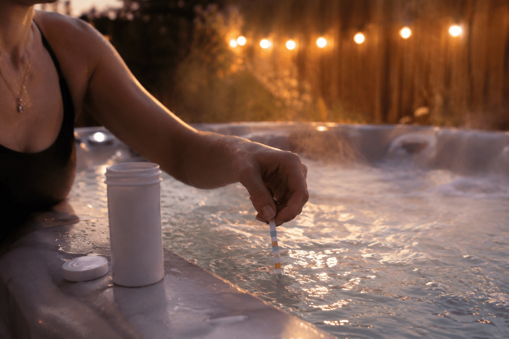 person testing hot tub water before evening session 
