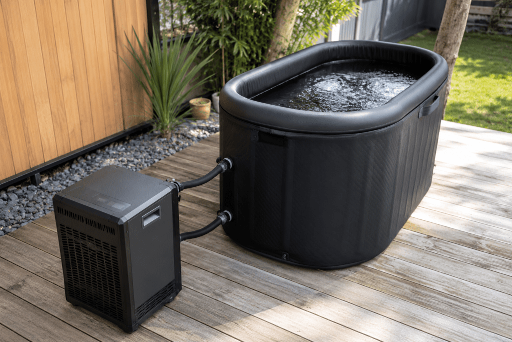  chiller ice bath unit connected to outdoor plunge tub with garden setting inflatable vs chiller ice bath