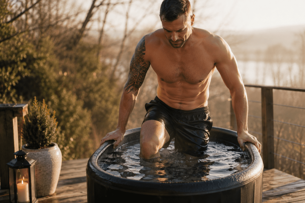 person stepping into cold plunge tub outdoors on a morning