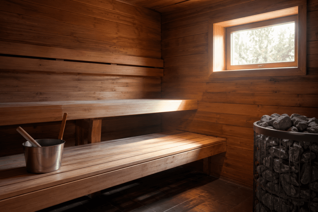 traditional sauna interior with wooden benches and rock heater