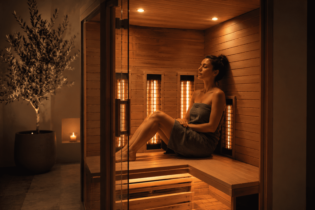 person relaxing in a modern infrared sauna cabin with warm interior lighting infrared vs traditional differences