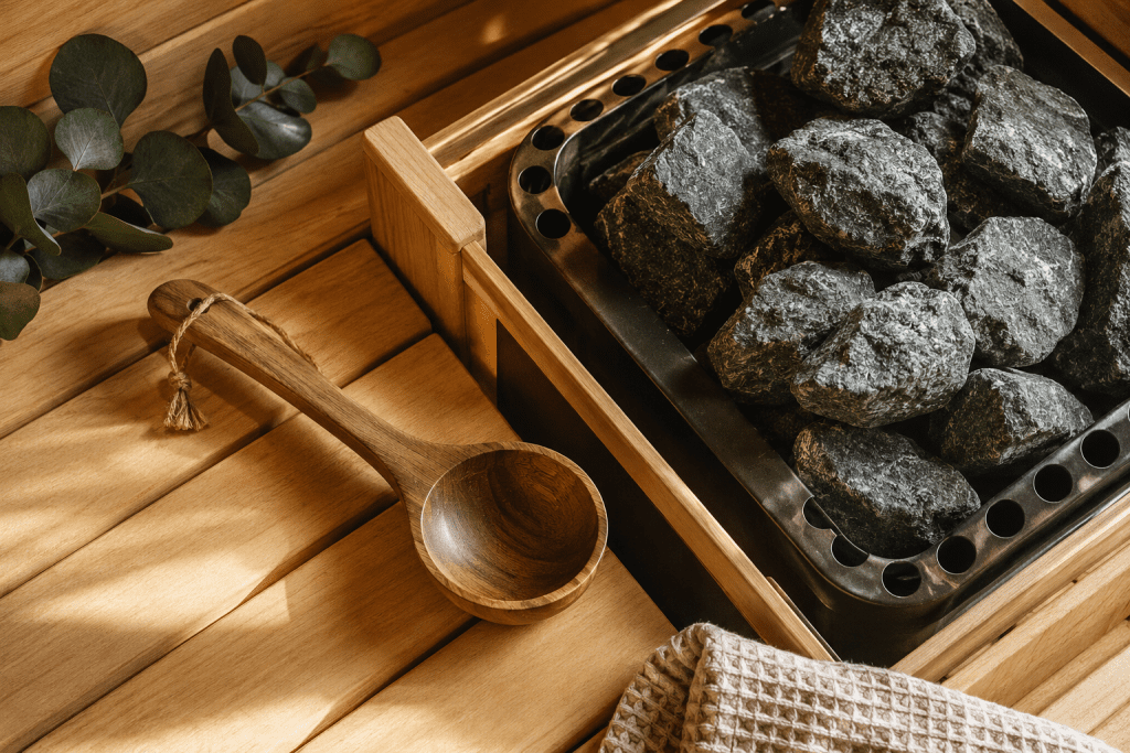 traditional sauna sweating wooden bench interior rocks 
