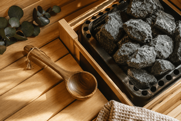 traditional sauna sweating wooden bench interior rocks