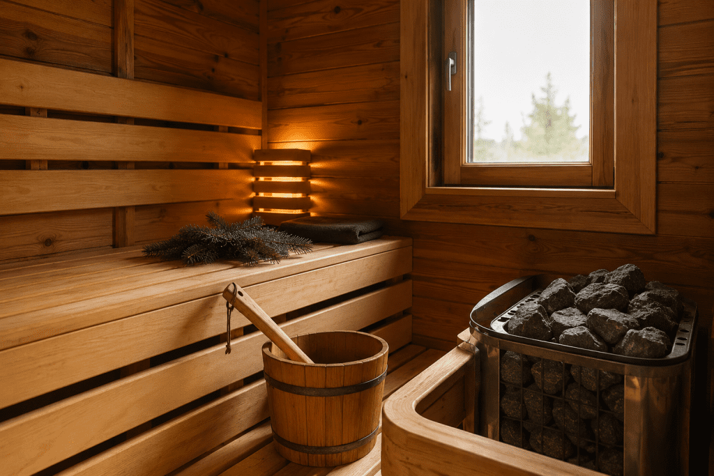 wooden sauna interior with rocks and ladle bucket 
