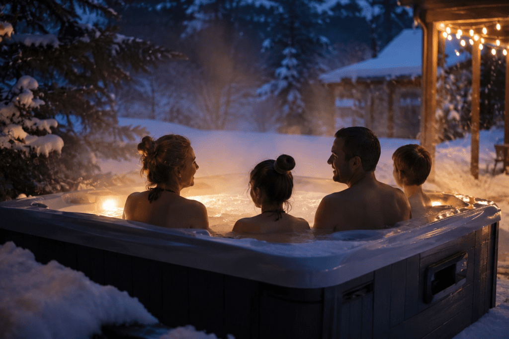 family relaxing in a hot tub on a snowy evening