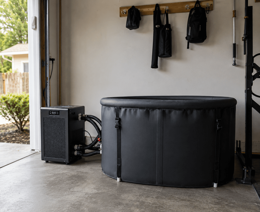  insulated cold plunge tub set up in a home garage 