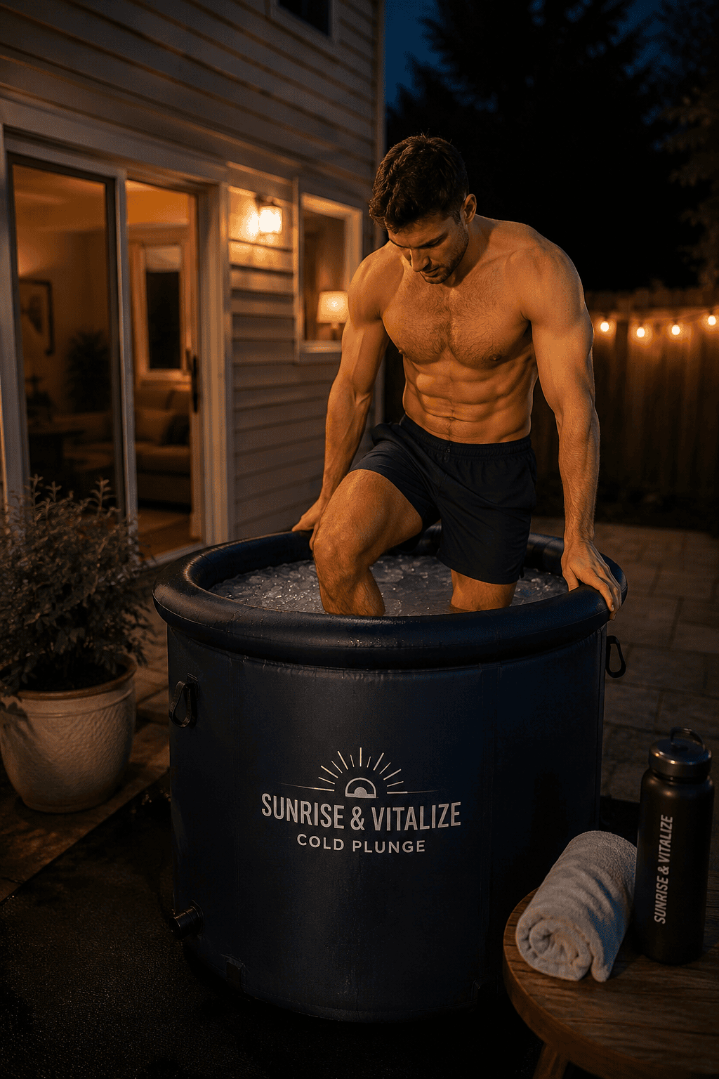 person stepping into an inflatable ice bath at home in the evening