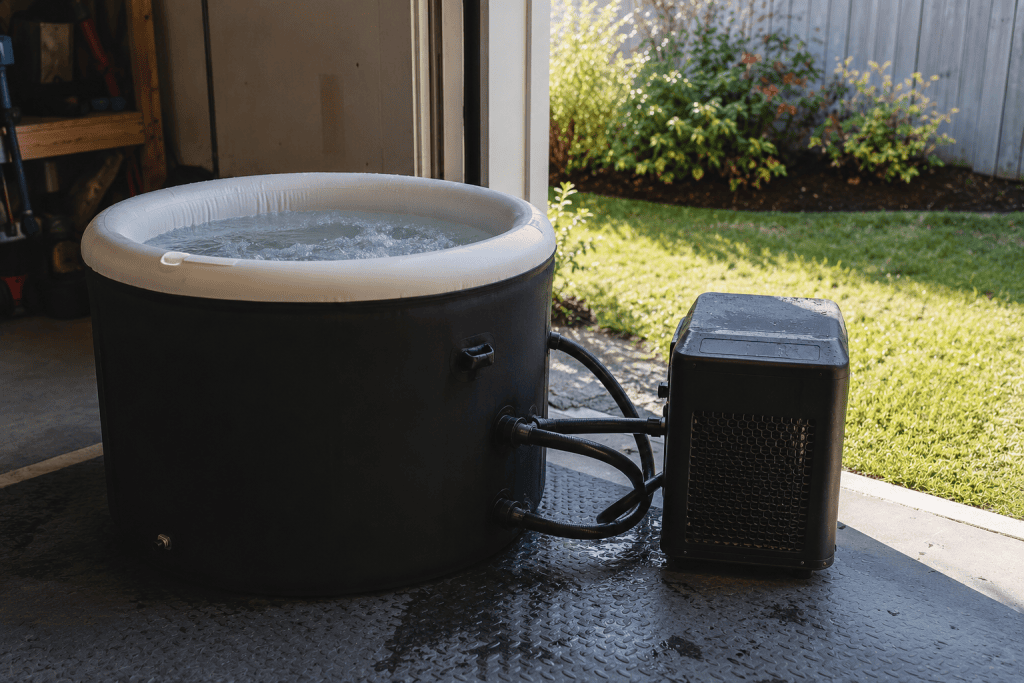 home ice bath setup in a garage with chiller unit connected