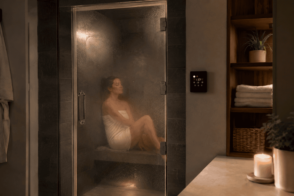  steam room with a wall-mounted steam generator control panel visible through the glass door 