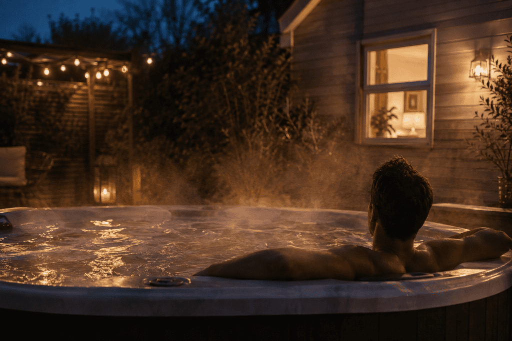 person relaxing in a hot tub in the evening