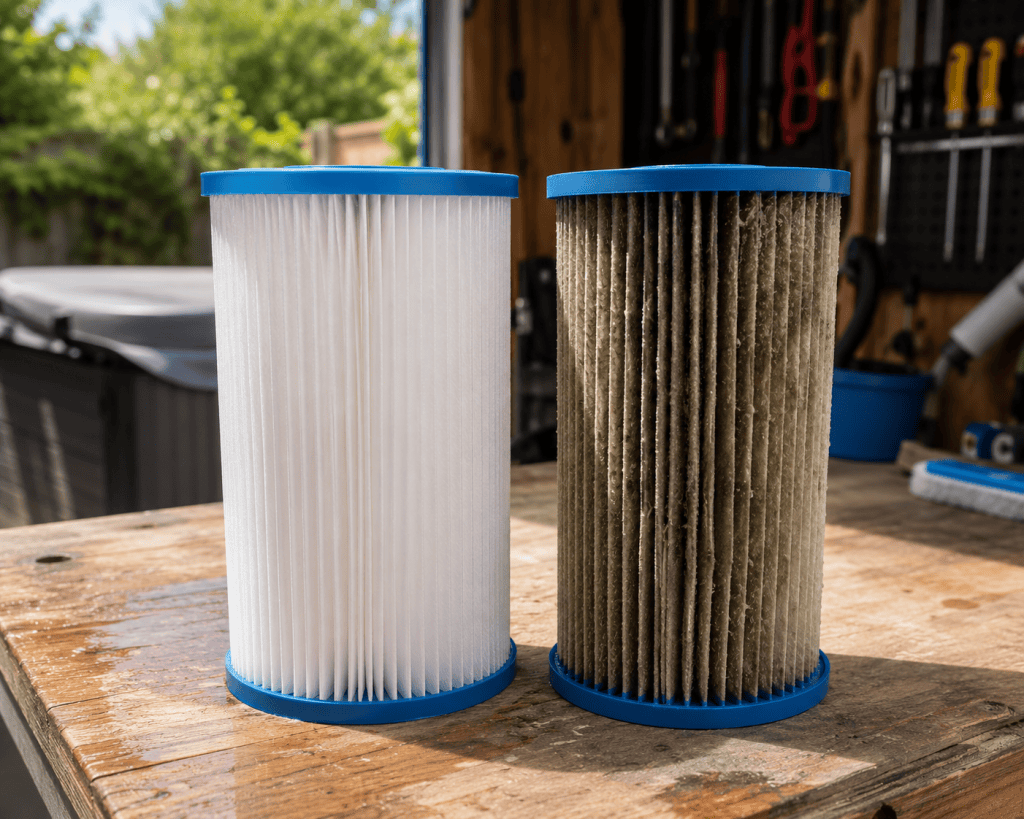  comparing two hot tub filter types side by side on a workbench 
