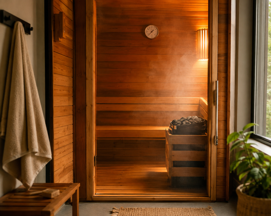 A realistic environment or in-use shot showing a home sauna room mid warm-up