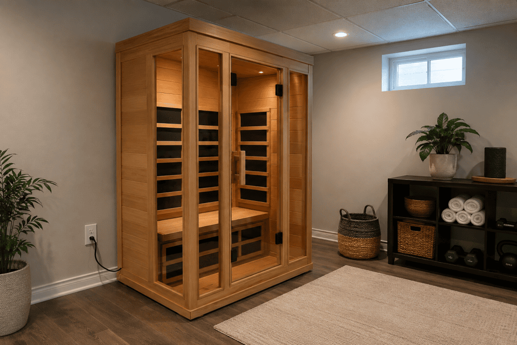 home wellness room with wall panel and electrical outlet