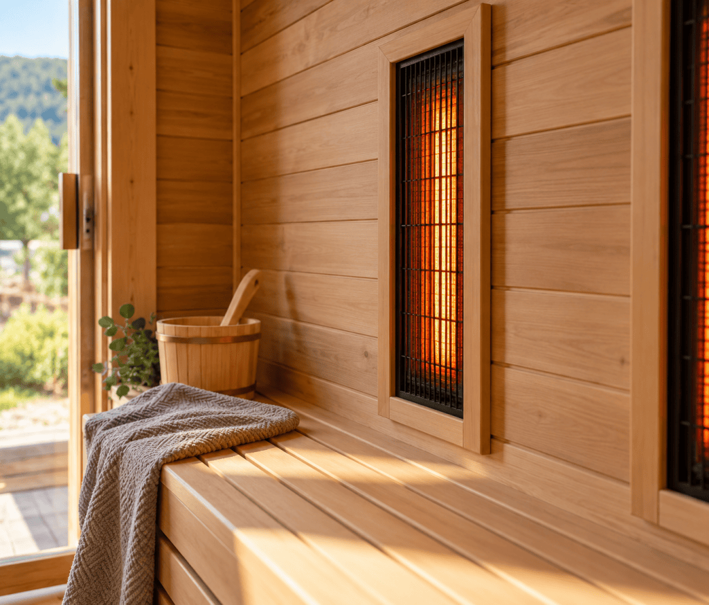 close-up of a sauna interior showing wood panelling and a wall-mounted heating panel