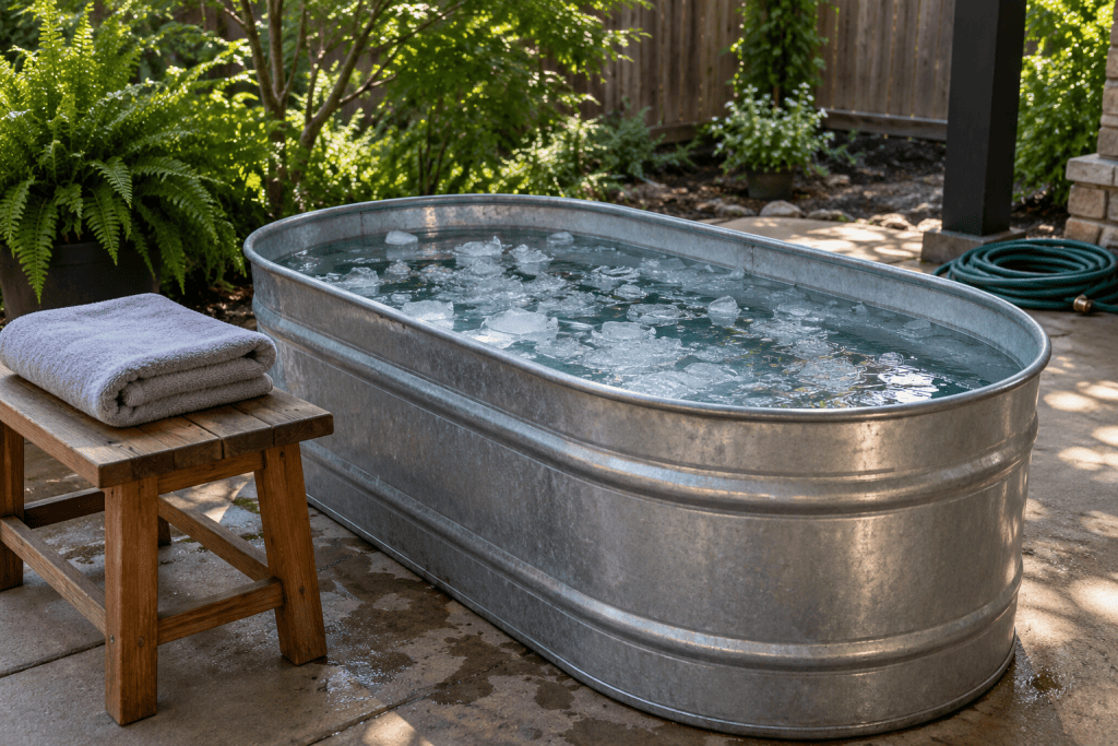 Poly stock tank filled with ice water on a shaded backyard patio