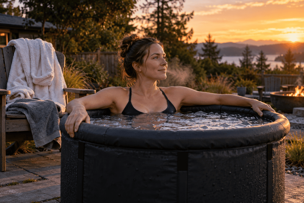 Person sitting in a portable ice bath tub in a backyard at dusk