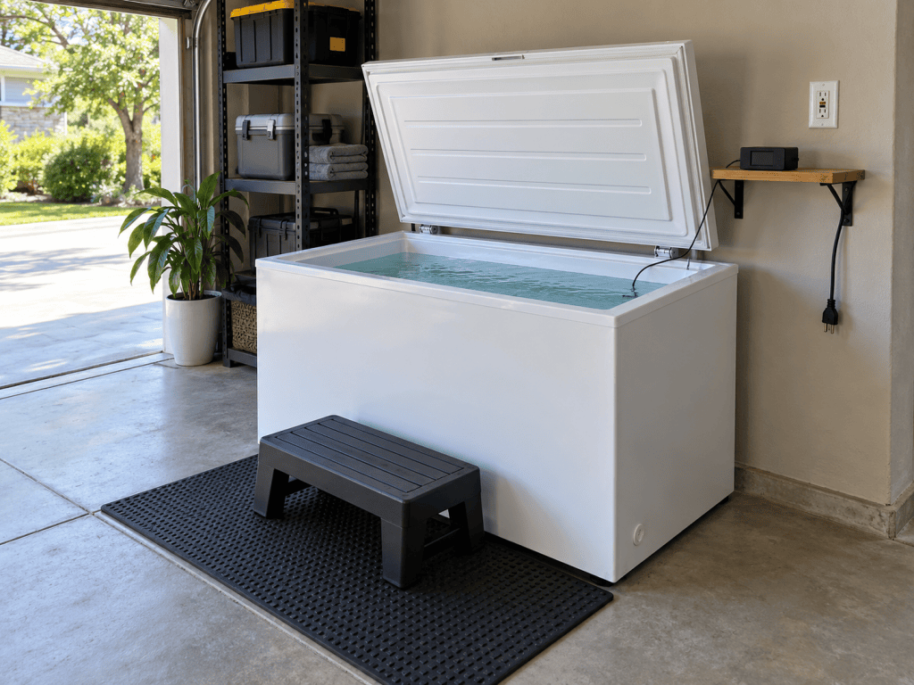 converted chest freezer cold plunge in a clean garage with a GFCI outlet and temperature controller