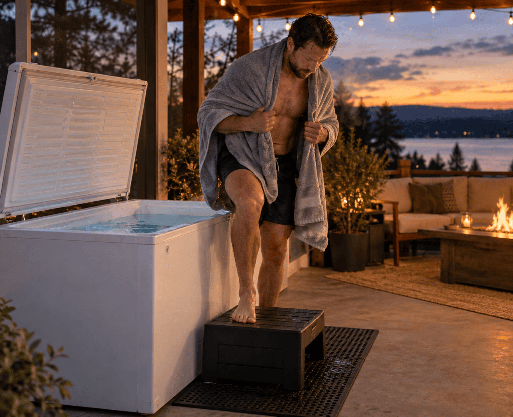 person stepping out of a converted chest freezer cold plunge at dusk wrapped in a towel
